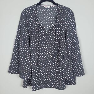 Boden Womens Size 8 Pullover Blouse Gray Pink Polka Dot Tie Neck Bell Sleeves